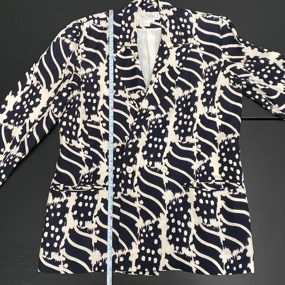 Vintage Silk Black and White Paul Philipps Double Breasted Blazer w Pockets - 8